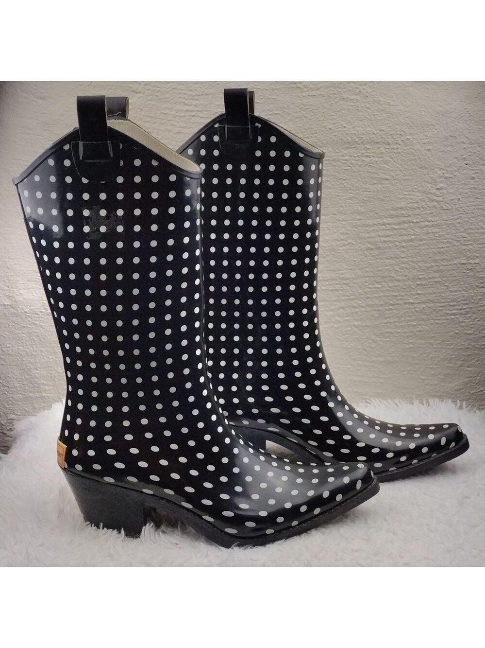 Bit & Bridle Black White Polka Dot Pointed Toe Heeled Western Style Rain Boot - Picture 4 of 16